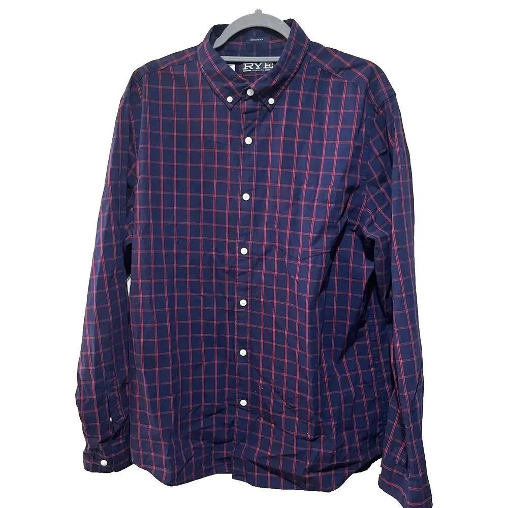 Hawker Rye Navy Blue Red Plaid Dress Shirt Large Regular Preppy Classic Check
